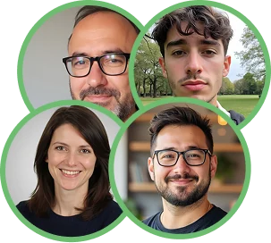 Een collage van vier professioneel ogende individuen met glimlachende gezichten, typisch voor een team- of profielpagina.